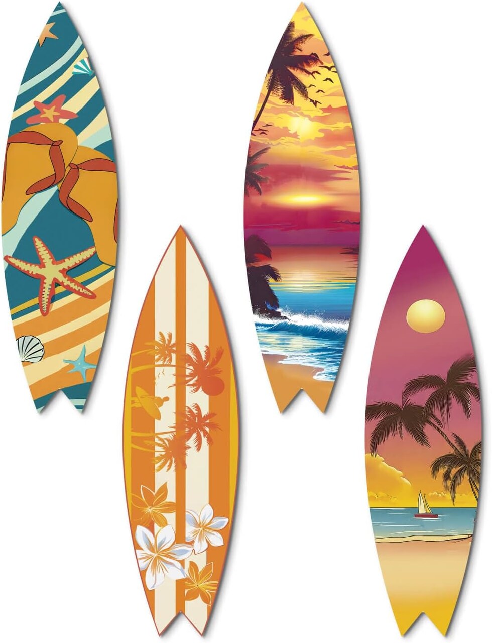 4 Pcs Surfboard Wall Decor with Triangle Hooks, Tropical Sunset Beach Themed Wooden Wall Art for Home, Bar, Pool, Patio 12.2" x 7.08"